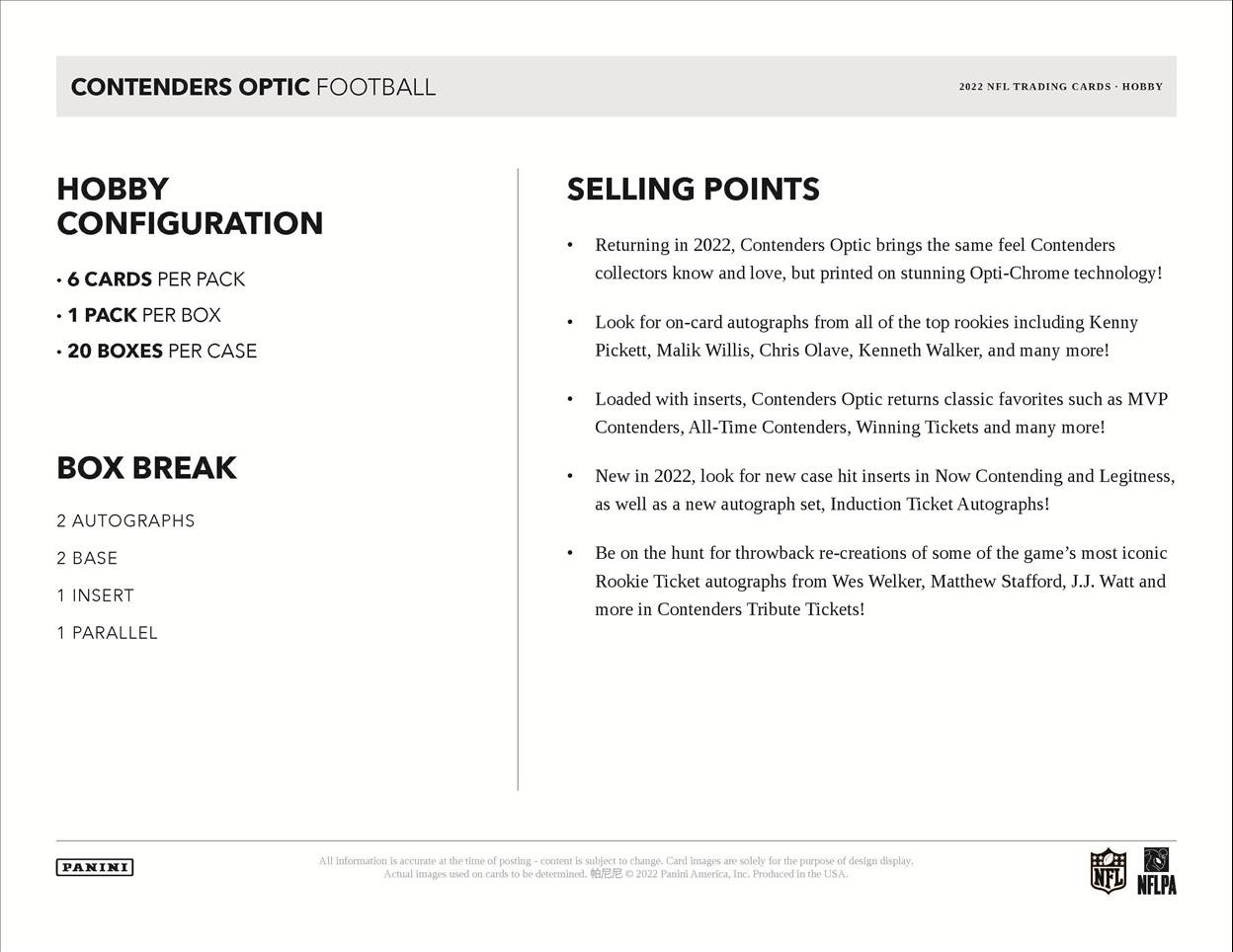 2022 Panini Contenders Optic Football Hobby 20 Box Case