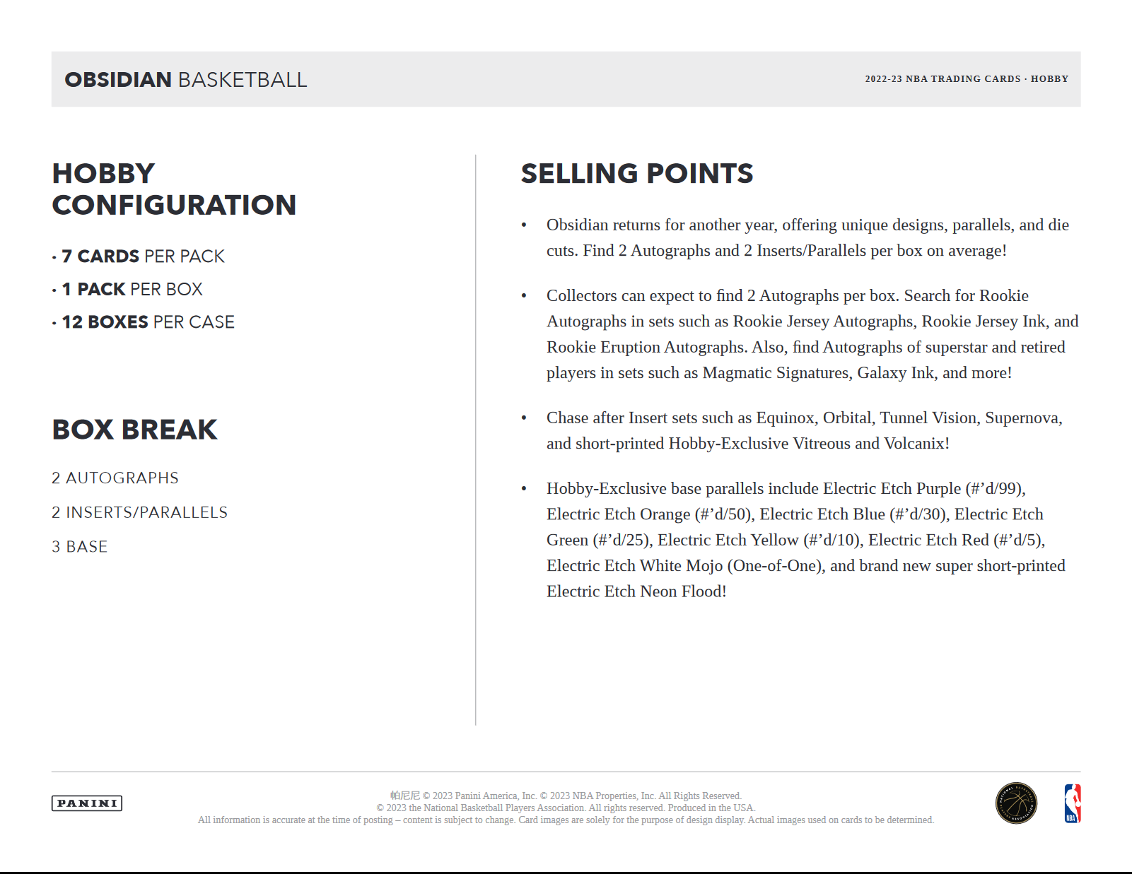 2022-23 Panini Obsidian Basketball Hobby 12 Box Case