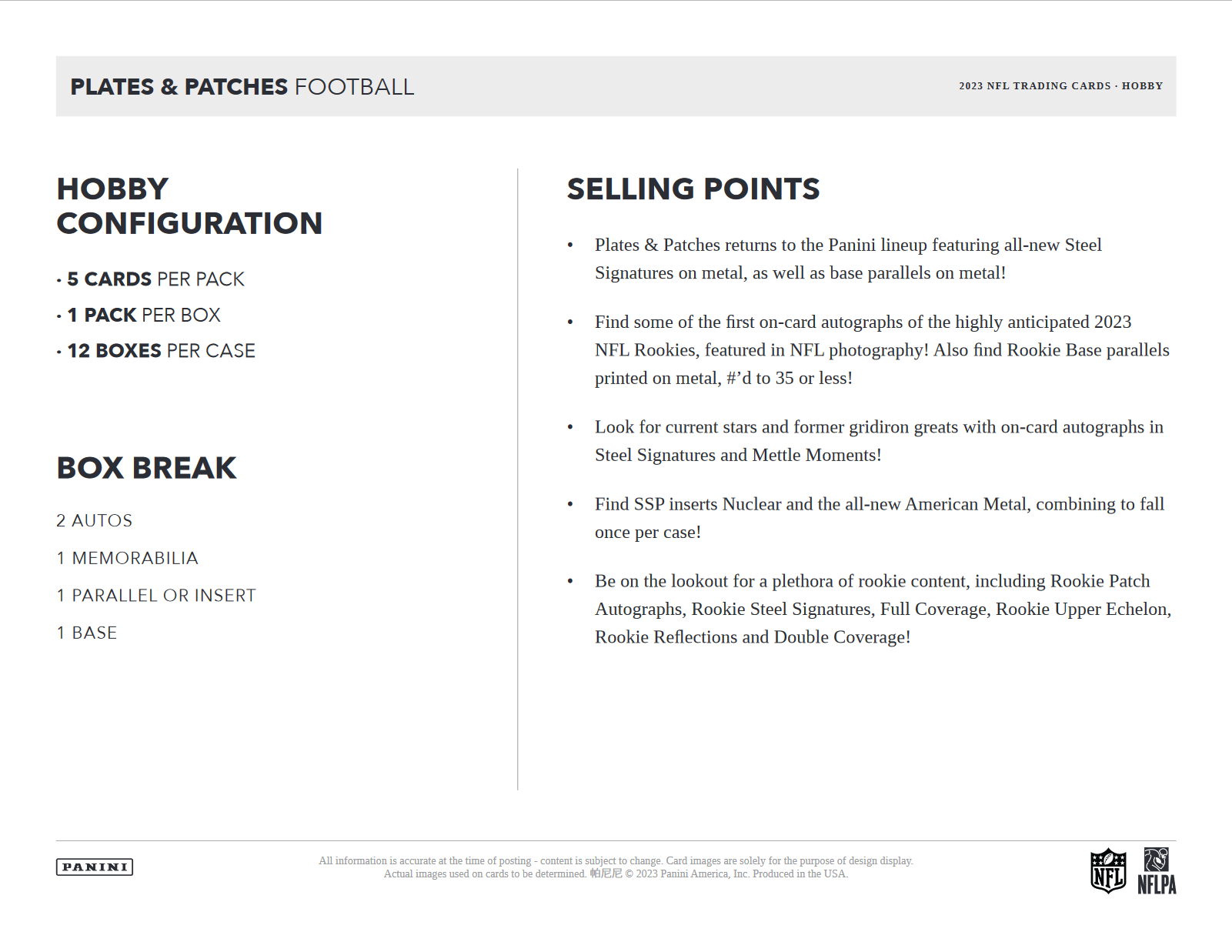2023 Panini Plates & Patches Football Hobby 12 Box Case