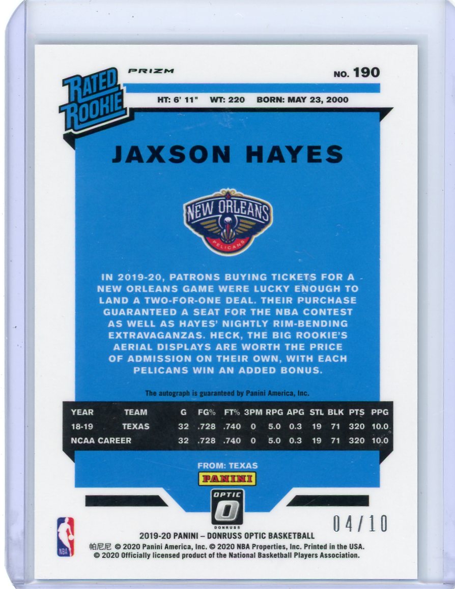 Jaxson Hayes 2019-20 Panini Donruss Optic Premium Box Set autograph rookie card #'d 04/10